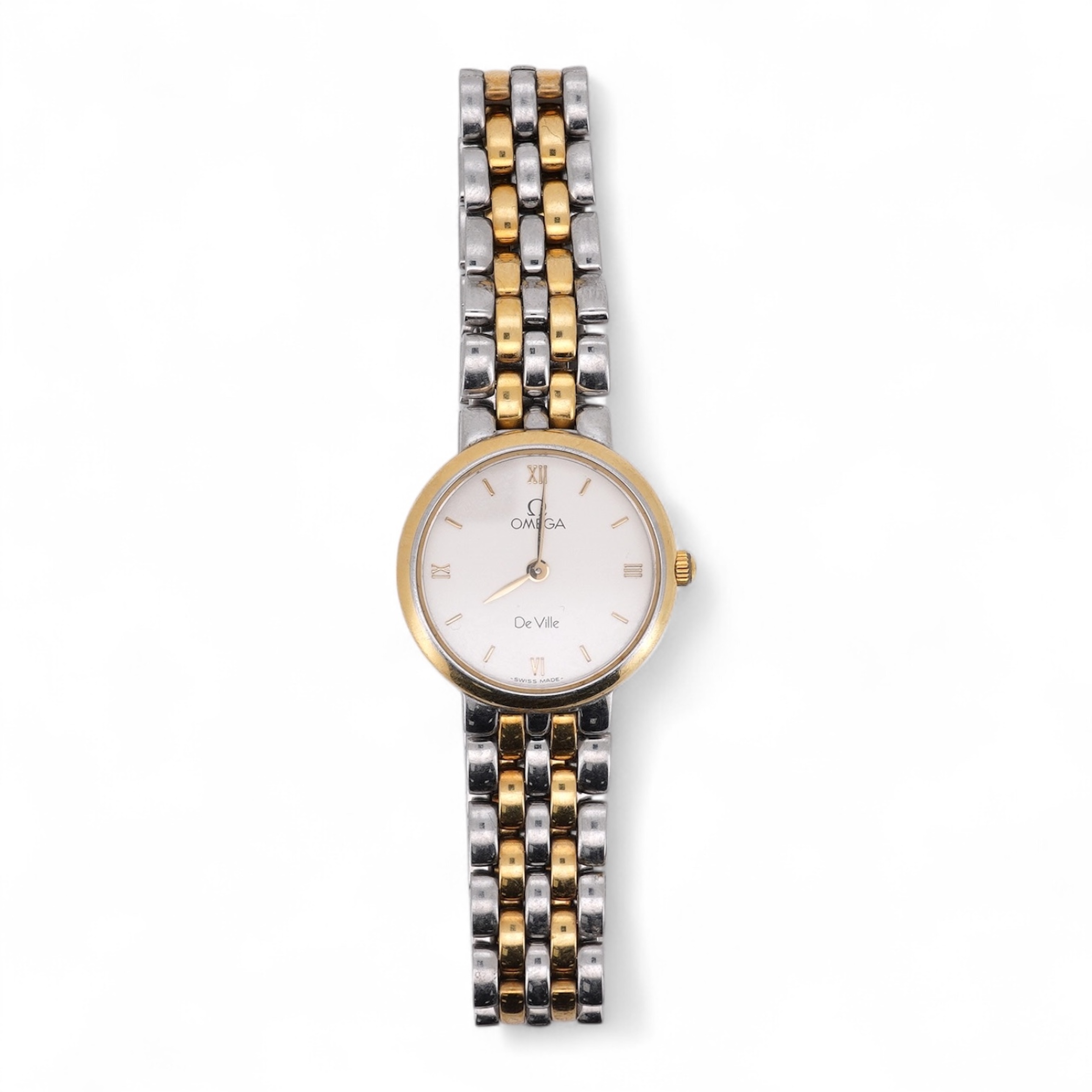A lady's steel and gold plated Omega de Ville quartz wrist watch, with baton and quarterly Roman numerals, on a stainless steel and gold plated bracelet, case diameter 24mm, no box or papers. Condition - poor to fair
